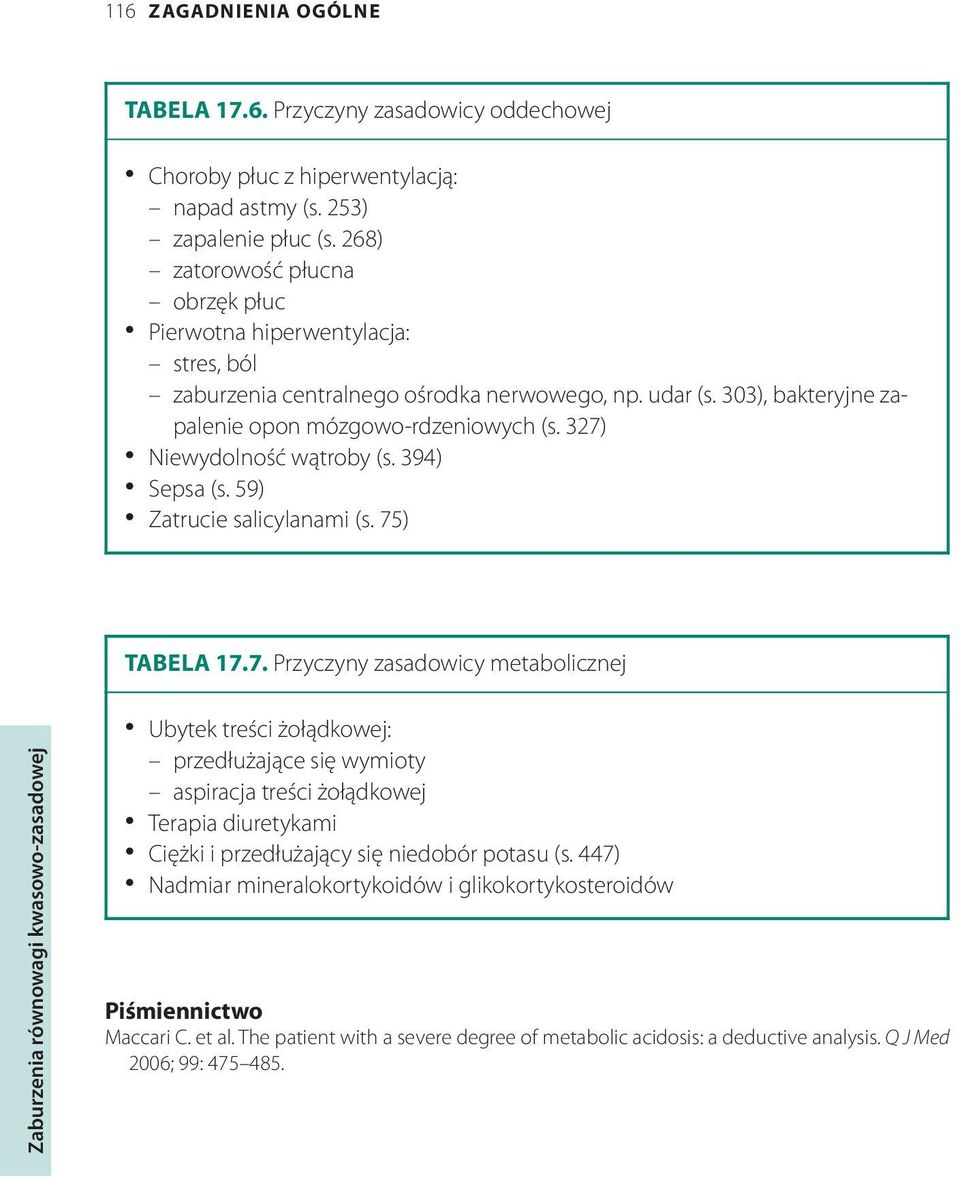 327) Niewydolność wątroby (s. 394) Sepsa (s. 59) Zatrucie salicylanami (s. 75) Tabela 17.7. Przyczyny zasadowicy metabolicznej Ubytek treści żołądkowej: przedłużające się wymioty aspiracja treści żołądkowej Terapia diuretykami Ciężki i przedłużający się niedobór potasu (s.