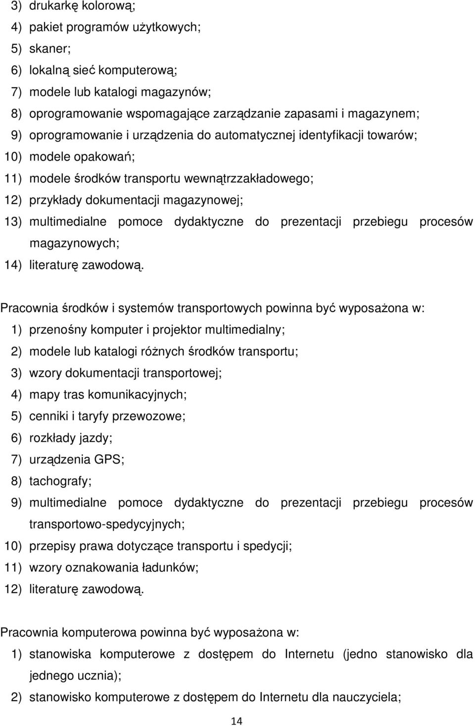 pomoce dydaktyczne do prezentacji przebiegu procesów magazynowych; 14) literaturę zawodową.