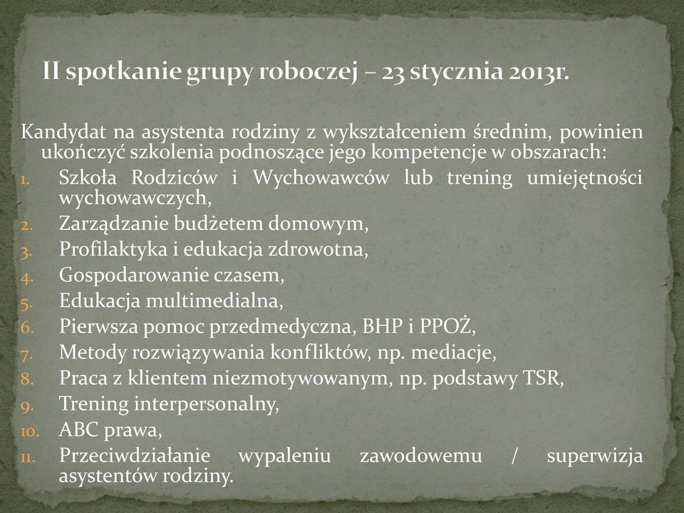 Gospodarowanie czasem, 5. Edukacja multimedialna, 6. Pierwsza pomoc przedmedyczna, BHP i PPOŻ, 7. Metody rozwiązywania konfliktów, np. mediacje, 8.