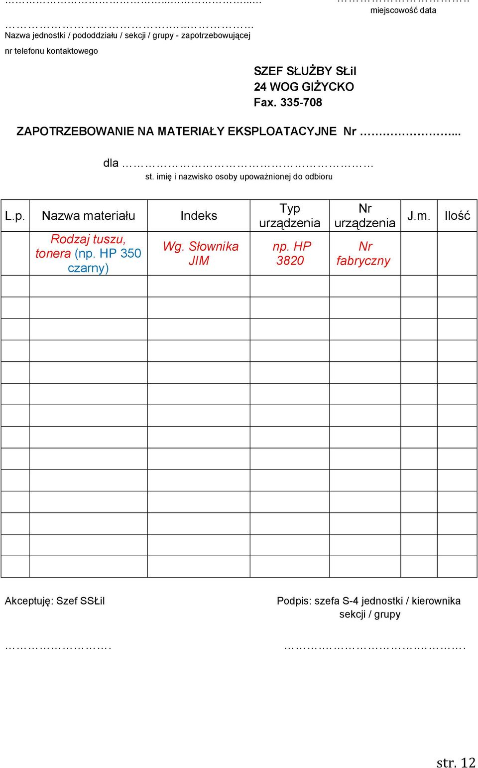 imię i nazwisko osoby upoważnionej do odbioru L.p. Nazwa materiału Indeks Rodzaj tuszu, tonera (np. HP 350 czarny) Wg.