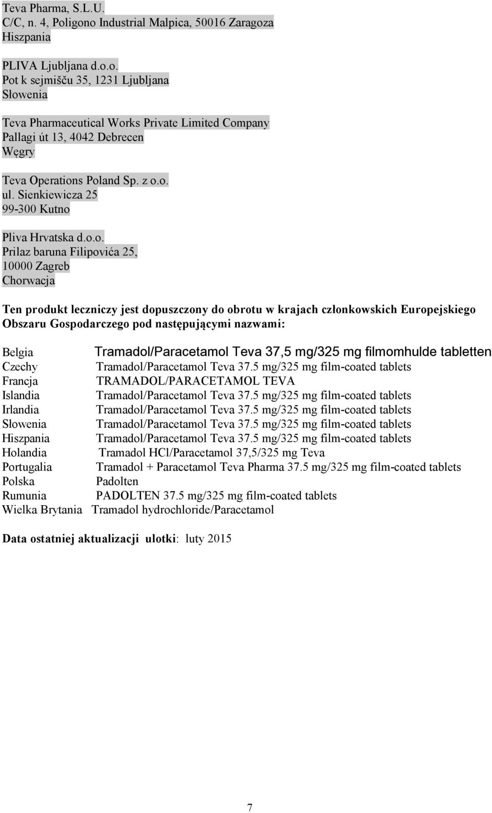 Europejskiego Obszaru Gospodarczego pod następującymi nazwami: Belgia Tramadol/Paracetamol Teva 37,5 mg/325 mg filmomhulde tabletten Czechy Tramadol/Paracetamol Teva 37.