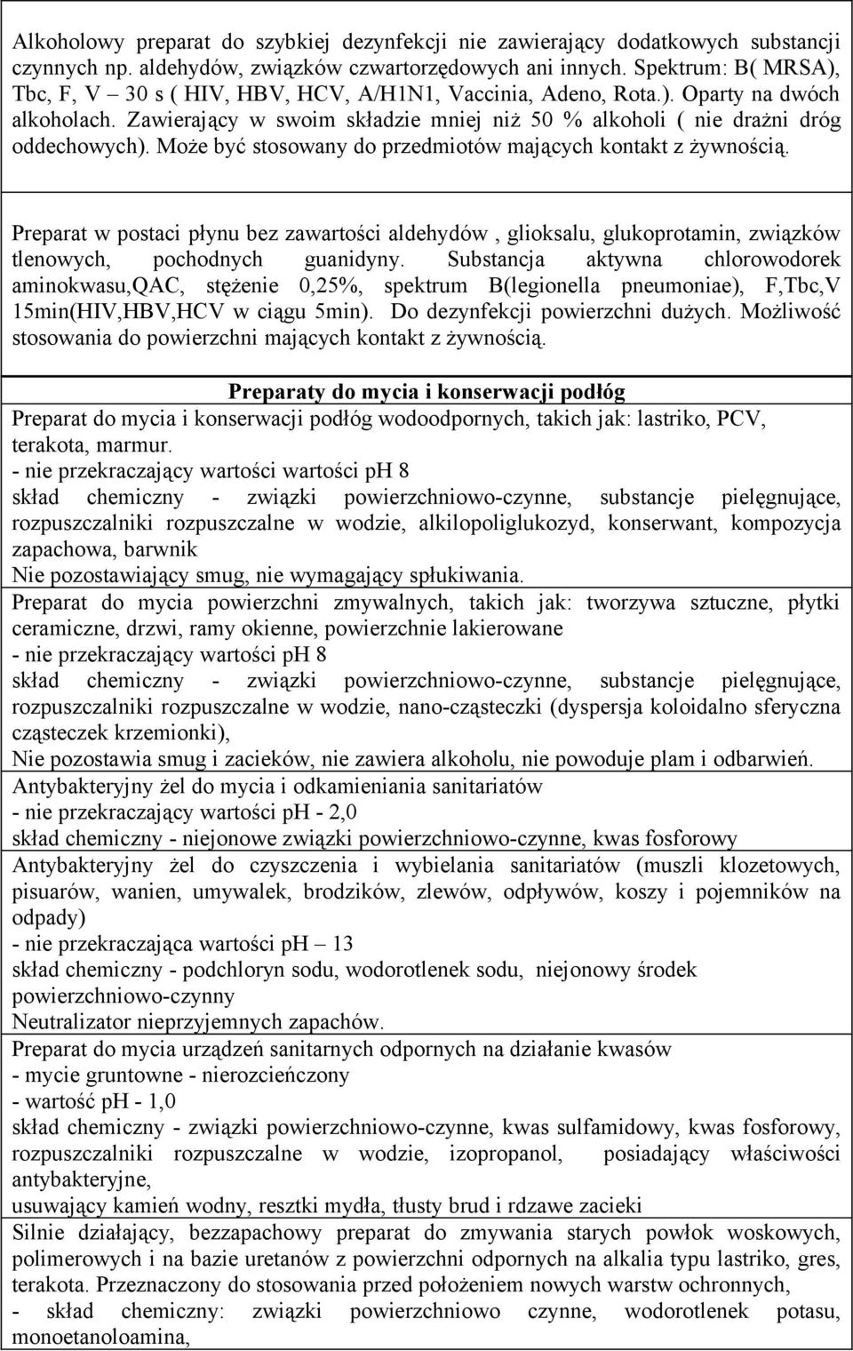 Może być stosowany do przedmiotów mających kontakt z żywnością. Preparat w postaci płynu bez zawartości aldehydów, glioksalu, glukoprotamin, związków tlenowych, pochodnych guanidyny.