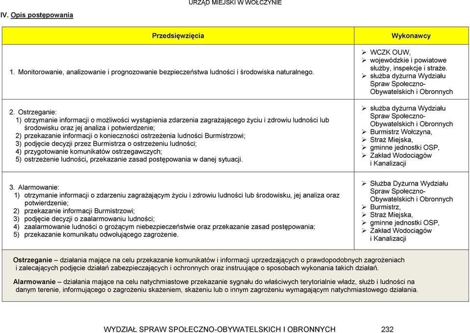 konieczności ostrzeżenia ludności Burmistrzowi; 3) podjęcie decyzji przez Burmistrza o ostrzeżeniu ludności; 4) przygotowanie komunikatów ostrzegawczych; 5) ostrzeżenie ludności, przekazanie zasad