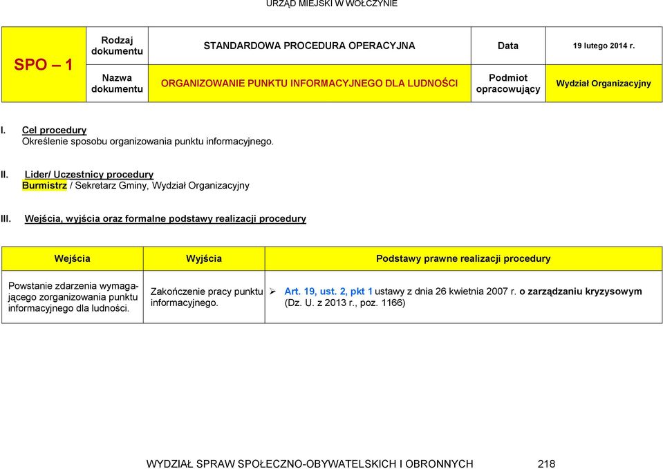 Wejścia, wyjścia oraz formalne podstawy realizacji procedury Wejścia Wyjścia Podstawy prawne realizacji procedury Powstanie zdarzenia wymagającego zorganizowania punktu