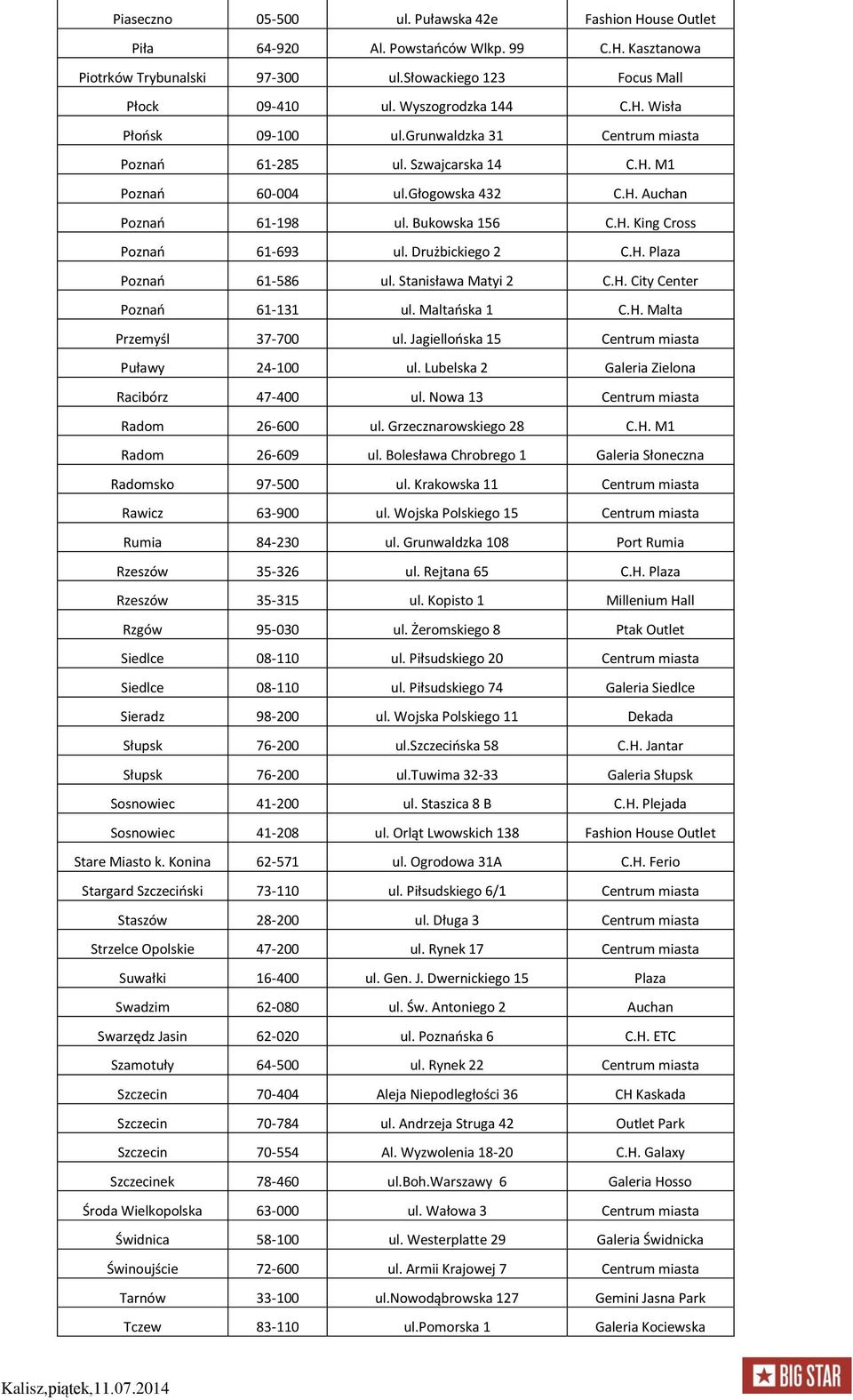 Drużbickiego 2 C.H. Plaza Poznań 61-586 ul. Stanisława Matyi 2 C.H. City Center Poznań 61-131 ul. Maltańska 1 C.H. Malta Przemyśl 37-700 ul. Jagiellońska 15 Centrum miasta Puławy 24-100 ul.