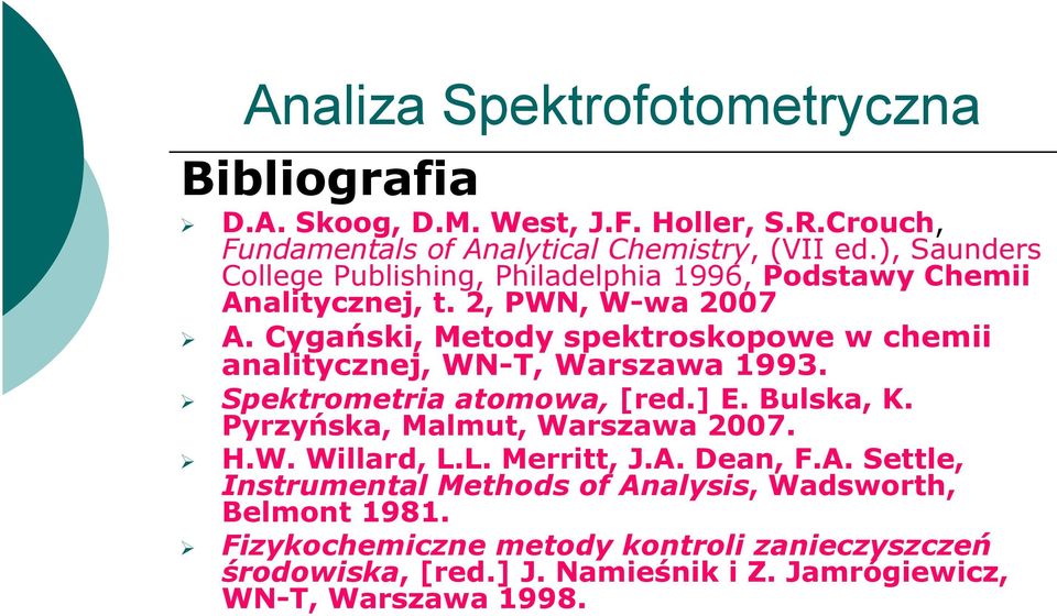 Cygański, ń Metody spektroskopowe w chemii analitycznej, WN-T, Warszawa 1993. Spektrometria atomowa, [red.] E. Bulska, K. Pyrzyńska, Malmut, Warszawa 2007. H.W. Willard, L.