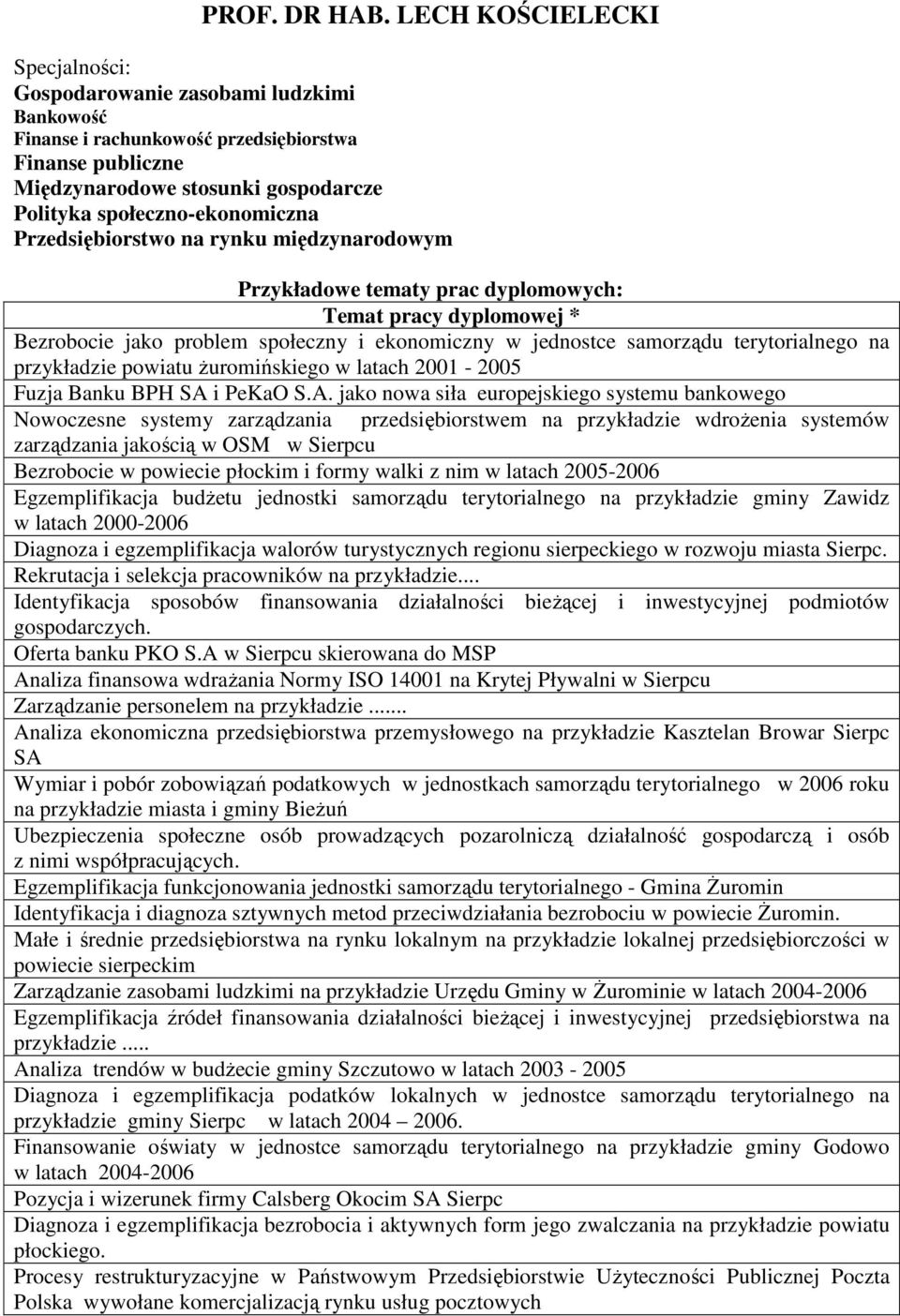 Przedsiębiorstwo na rynku międzynarodowym Przykładowe tematy prac dyplomowych: Temat pracy dyplomowej * Bezrobocie jako problem społeczny i ekonomiczny w jednostce samorządu terytorialnego na