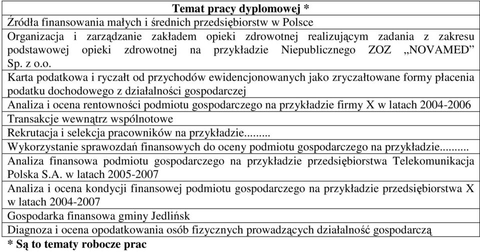 gospodarczej Analiza i ocena rentowności podmiotu gospodarczego na przykładzie firmy X w latach 2004-2006 Transakcje wewnątrz wspólnotowe Rekrutacja i selekcja pracowników na przykładzie.