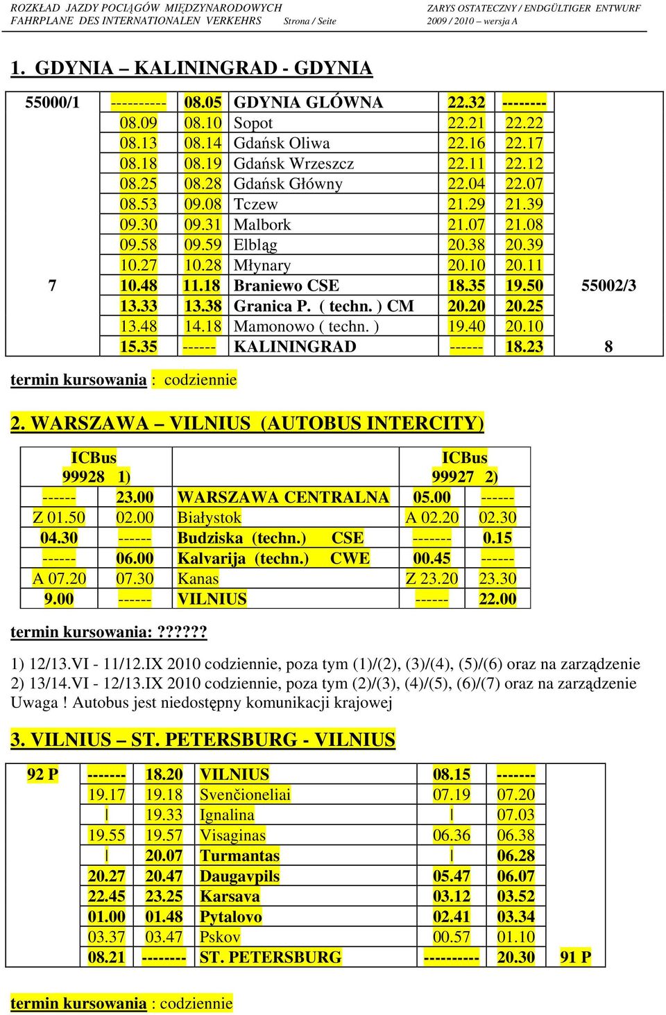 50 55002/3 13.33 13.38 Granica P. ( techn. ) CM 20.20 20.25 13.48 14.18 Mamonowo ( techn. ) 19.40 20.10 15.35 ------ KALININGRAD ------ 18.23 8 termin kursowania : codziennie 2.