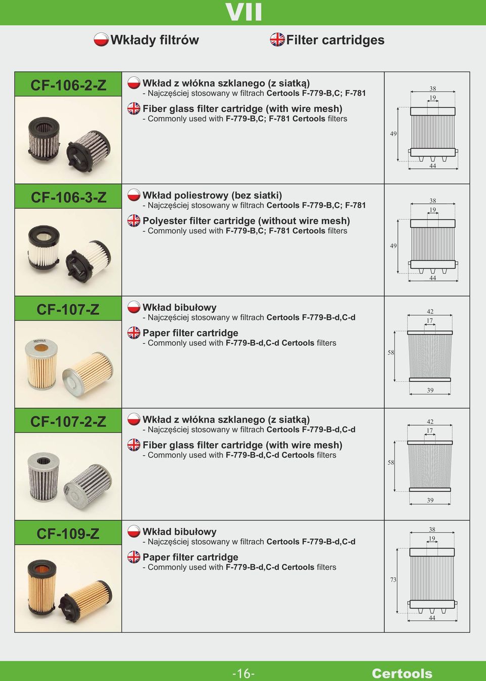 filters 38 19 49 44 CF107Z Wkład bibułowy Najczęściej stosowany w filtrach F779Bd,Cd Paper filter cartridge Commonly used with F779Bd,Cd filters 58 39 CF1072Z Wkład z włókna szklanego (z siatką)