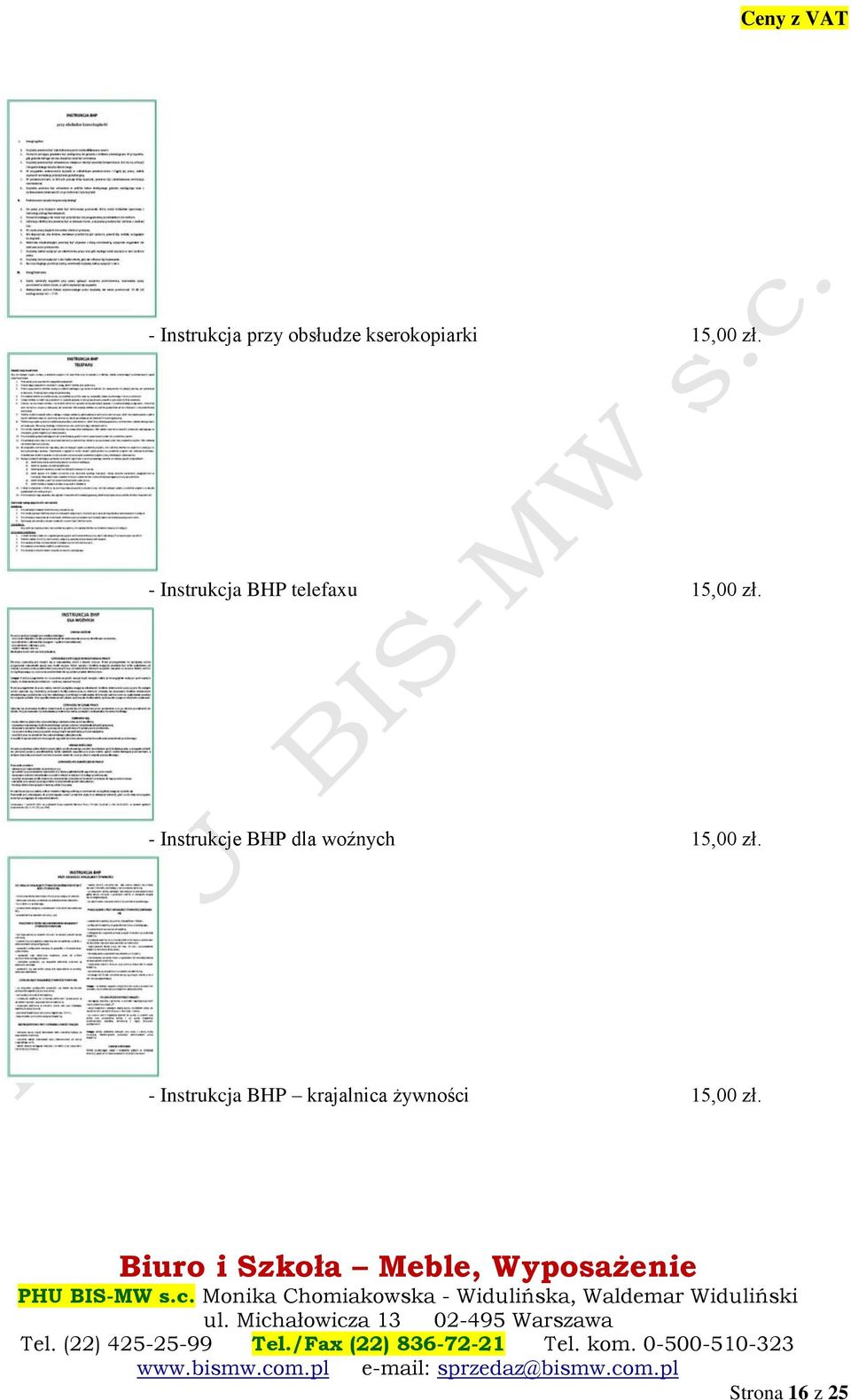 - Instrukcje BHP dla woźnych 15,00 zł.