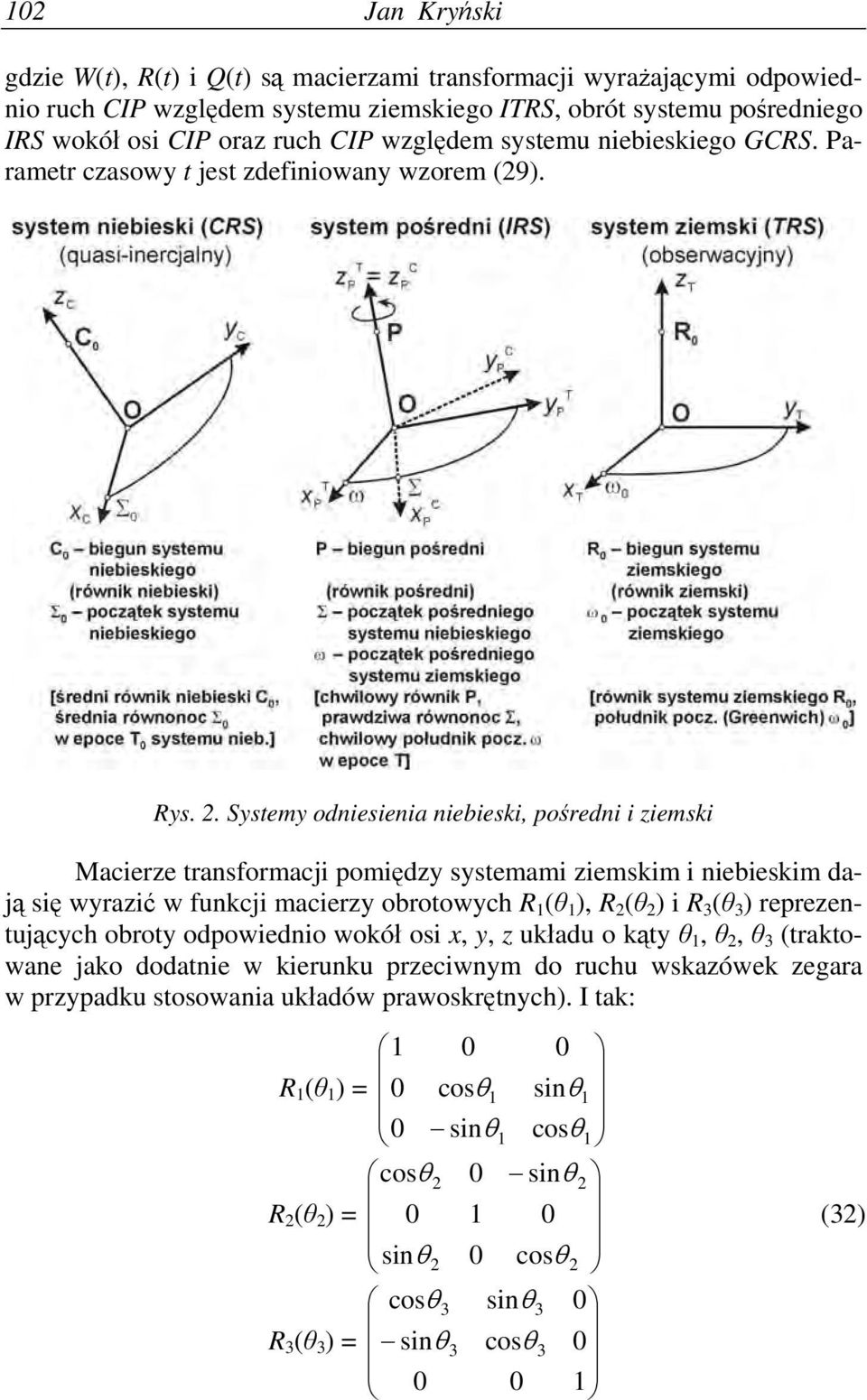 Systemy odniesienia niebieski, pośredni i ziemski Macierze transformacji pomiędzy systemami ziemskim i niebieskim dają się wyrazić w funkcji macierzy obrotowych R 1 (θ 1 ), R 2 (θ 2 ) i R 3 (θ 3 )