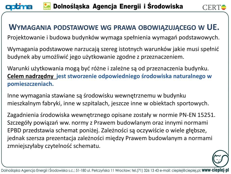 Warunki użytkowania mogą być różne i zależne są od przeznaczenia budynku. Celem nadrzędny jest stworzenie odpowiedniego środowiska naturalnego w pomieszczeniach.