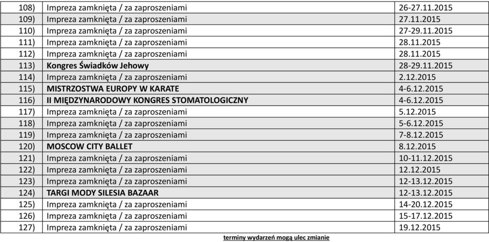 12.2015 117) Impreza zamknięta / za zaproszeniami 5.12.2015 118) Impreza zamknięta / za zaproszeniami 5-6.12.2015 119) Impreza zamknięta / za zaproszeniami 7-8.12.2015 120) MOSCOW CITY BALLET 8.12.2015 121) Impreza zamknięta / za zaproszeniami 10-11.