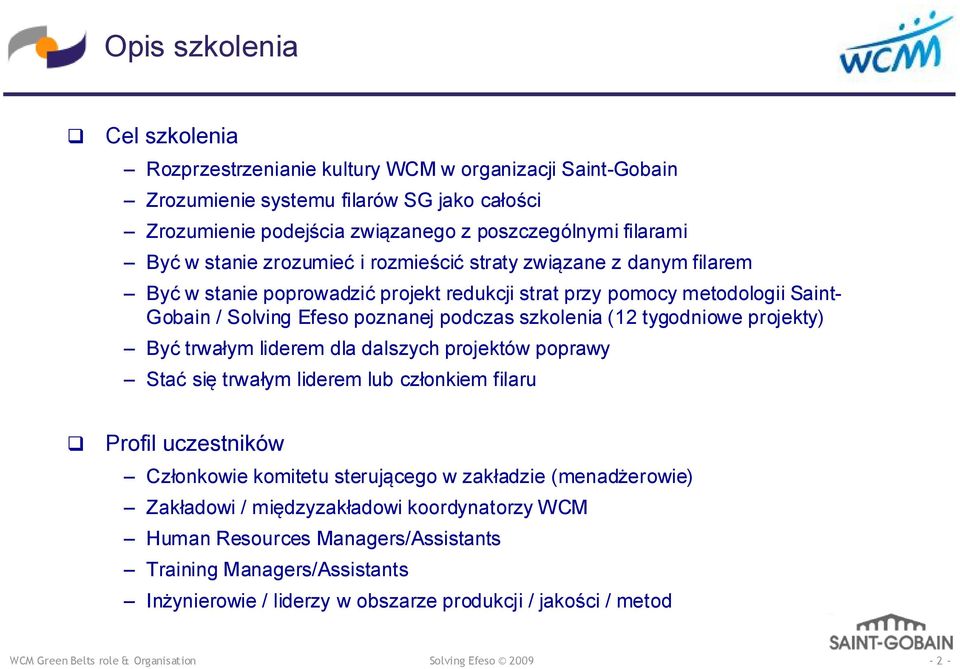 szkolenia (12 tygodniowe projekty) Być trwałym liderem dla dalszych projektów poprawy Stać się trwałym liderem lub członkiem filaru Profil uczestników Członkowie komitetu sterującego w