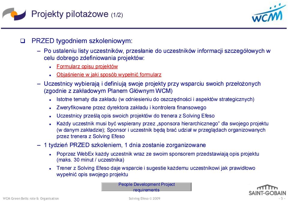 zakładu (w odniesieniu do oszczędności i aspektów strategicznych) Zweryfikowane przez dyrektora zakładu i kontrolera finansowego Uczestnicy prześlą opis swoich projektów do trenera z Solving Efeso