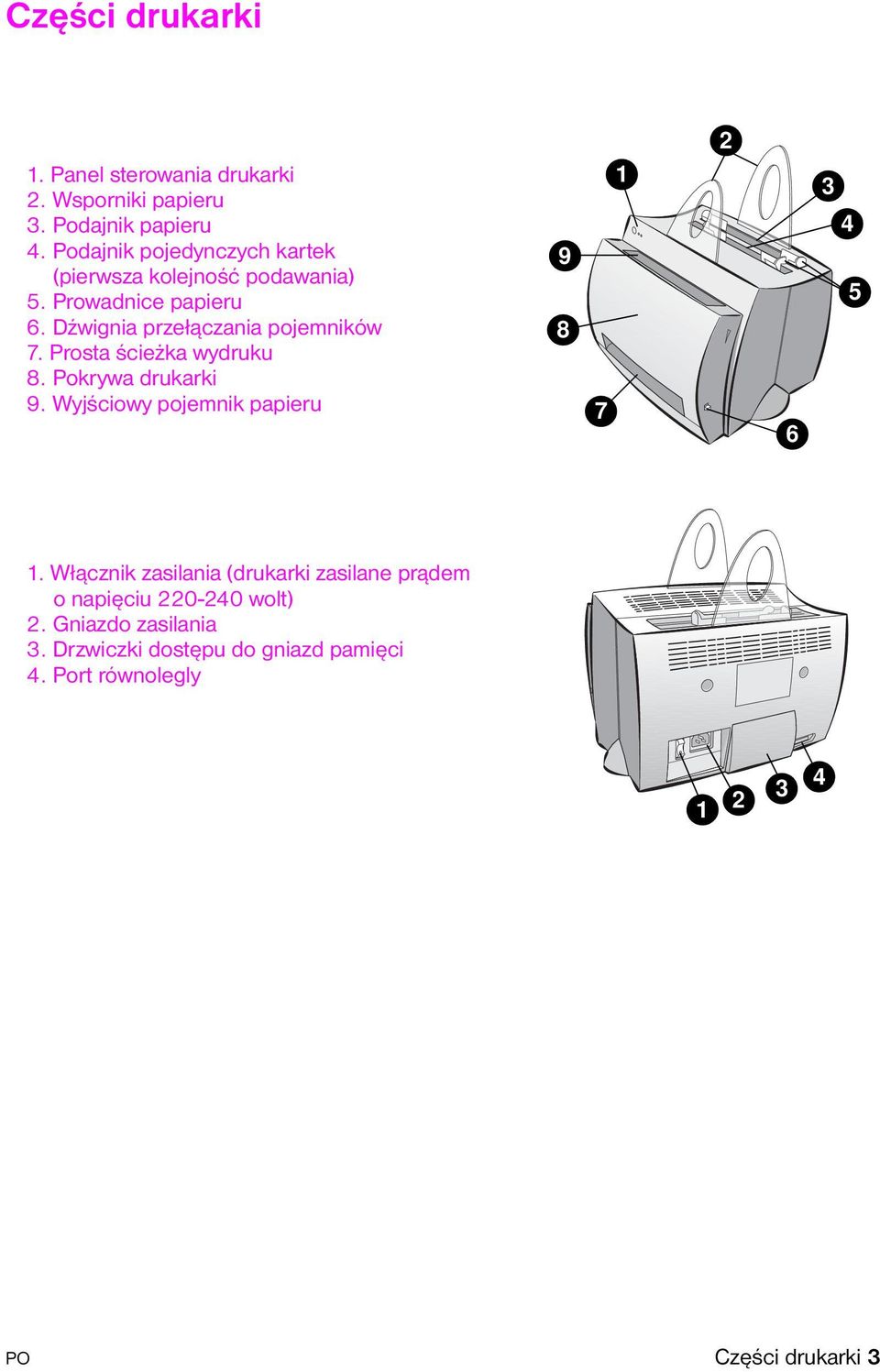 Prosta ścieżka wydruku 8. Pokrywa drukarki 9. Wyjściowy pojemnik papieru 9 8 7 1 2 6 3 4 5 1.