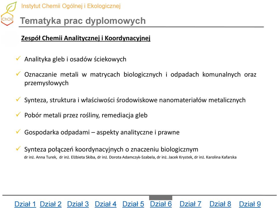 metali przez rośliny, remediacja gleb Gospodarka odpadami aspekty analityczne i prawne Synteza połączeń koordynacyjnych o znaczeniu