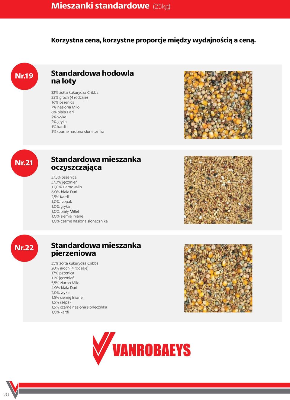 Nr.21 Standardowa mieszanka oczyszczająca 37,5% pszenica 37,0% jęczmień 12,0% ziarno Milo 6,0% biała Dari 2,5% Kardi 1,0% rzepak 1,0% gryka 1,0% biały Millet 1,0% siemię lniane