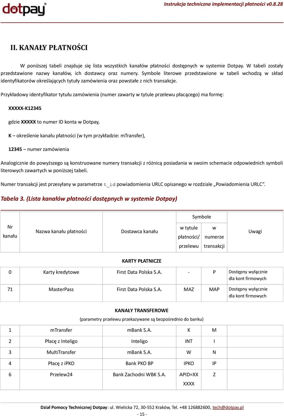 Przykładowy identyfikator tytułu zamówienia (numer zawarty w tytule przelewu płacącego) ma formę: XXXXX-K12345 gdzie XXXXX to numer ID konta w Dotpay, K określenie kanału płatności (w tym