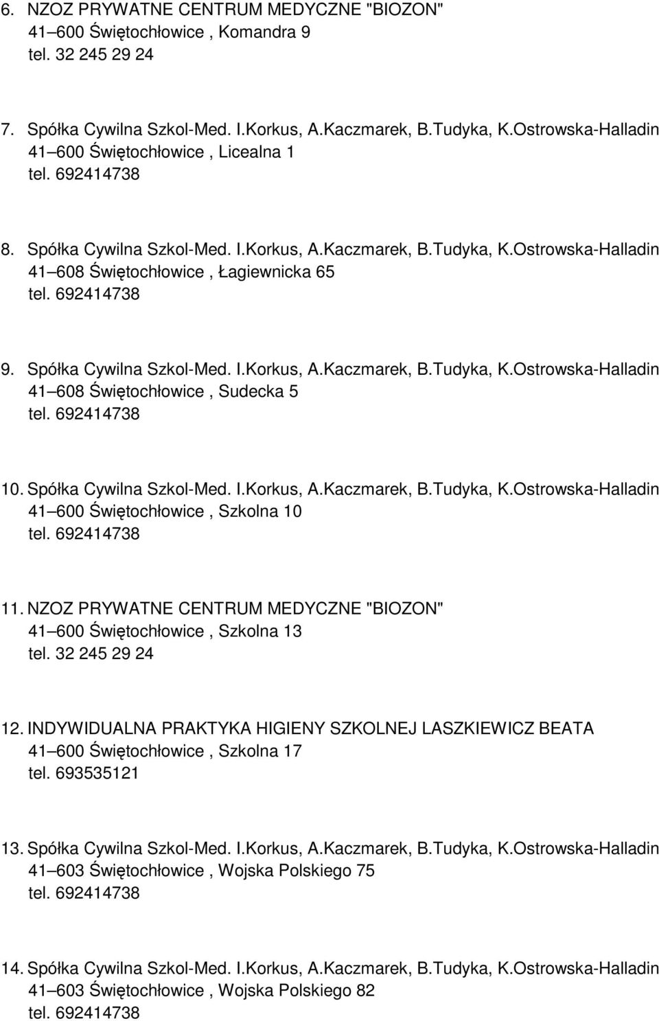 Spółka Cywilna Szkol-Med. I.Korkus, A.Kaczmarek, B.Tudyka, K.Ostrowska-Halladin 41 600 Świętochłowice, Szkolna 10 11. NZOZ PRYWATNE CENTRUM MEDYCZNE "BIOZON" 41 600 Świętochłowice, Szkolna 13 12.