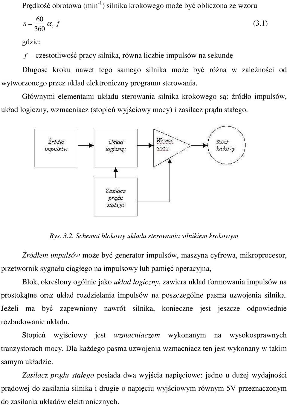 sterowania. Głównymi elementami układu sterowania silnika krokowego są: źródło impulsów, układ logiczny, wzmacniacz (stopień wyjściowy mocy) i zasilacz prądu stałego. Rys. 3.2.