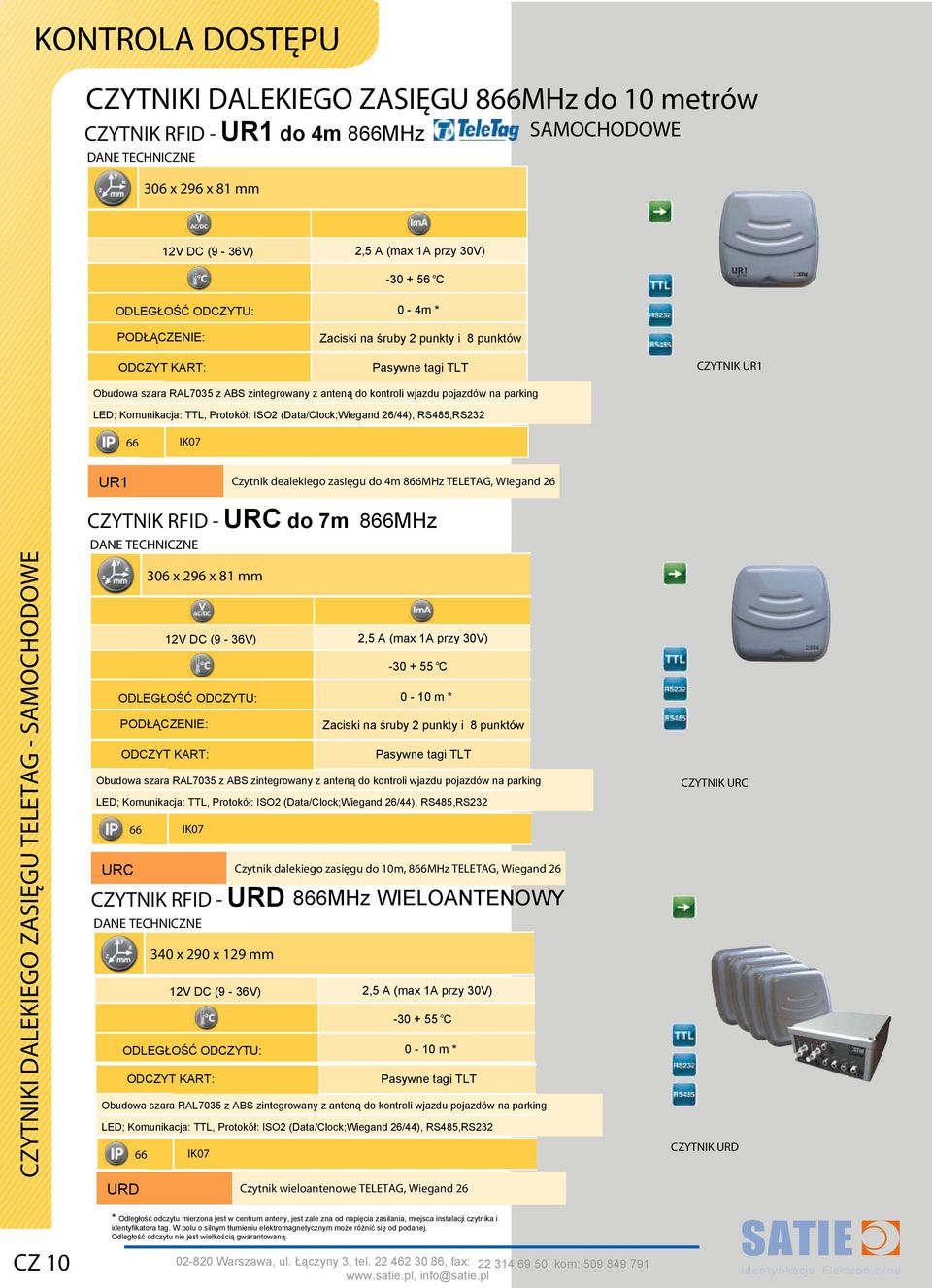 26/44), RS485,RS232 66 IK07 CZYTNIKI DALEKIEGO ZASIĘGU TELETAG - SAMOCHODOWE UR1 Czytnik dealekiego zasięgu do 4m 866MHz TELETAG, Wiegand 26 CZYTNIK RFID - URC do 7m 866MHz 306 x 296 x 81 mm 12V DC