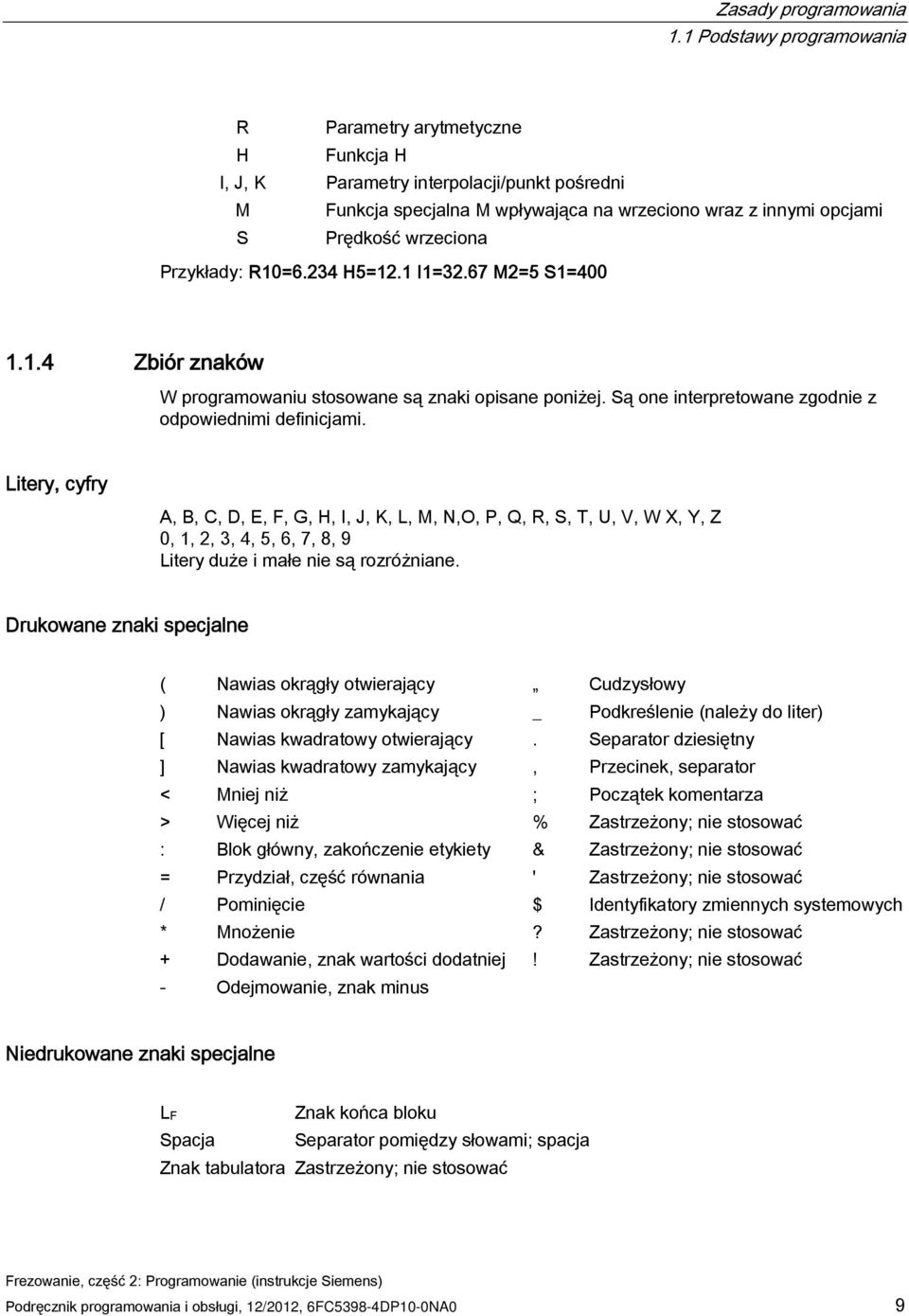 Przykłady: R10=6.234 H5=12.1 I1=32.67 M2=5 S1=400 1.1.4 Zbiór znaków W programowaniu stosowane są znaki opisane poniżej. Są one interpretowane zgodnie z odpowiednimi definicjami.