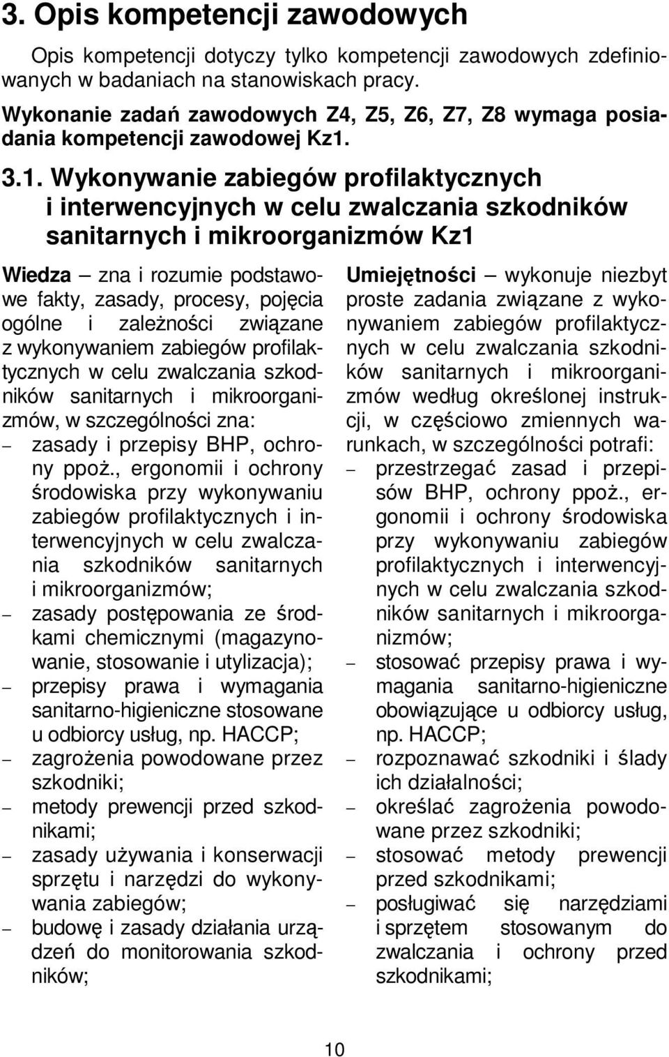 3.1. Wykonywanie zabiegów profilaktycznych i interwencyjnych w celu zwalczania szkodników sanitarnych i mikroorganizmów Kz1 Wiedza zna i rozumie podstawowe fakty, zasady, procesy, pojęcia ogólne i
