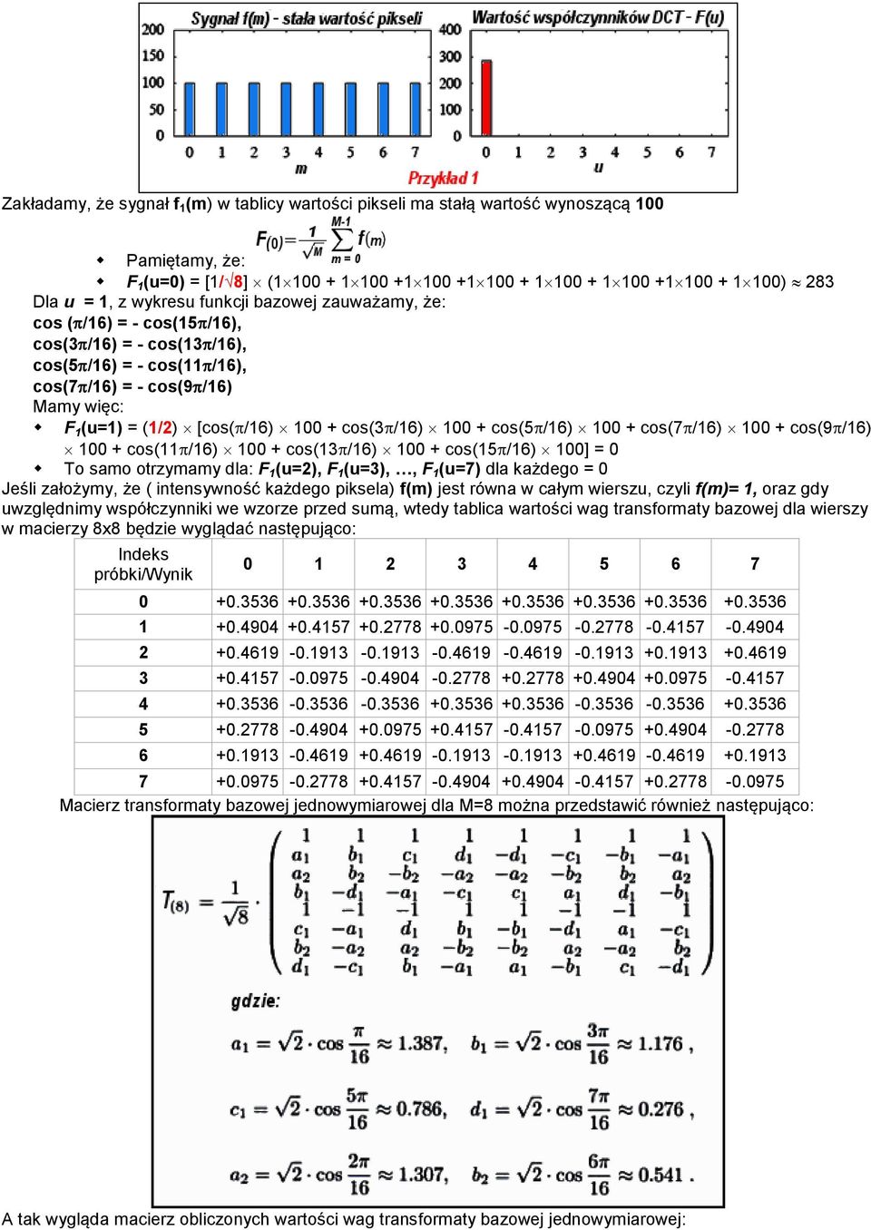 cos(5/16) 100 + cos(7/16) 100 + cos(9/16) 100 + cos(11/16) 100 + cos(13/16) 100 + cos(15/16) 100] = 0 To samo otrzymamy dla: F 1 (u=2), F 1 (u=3),, F 1 (u=7) dla każdego = 0 Jeśli założymy, że (