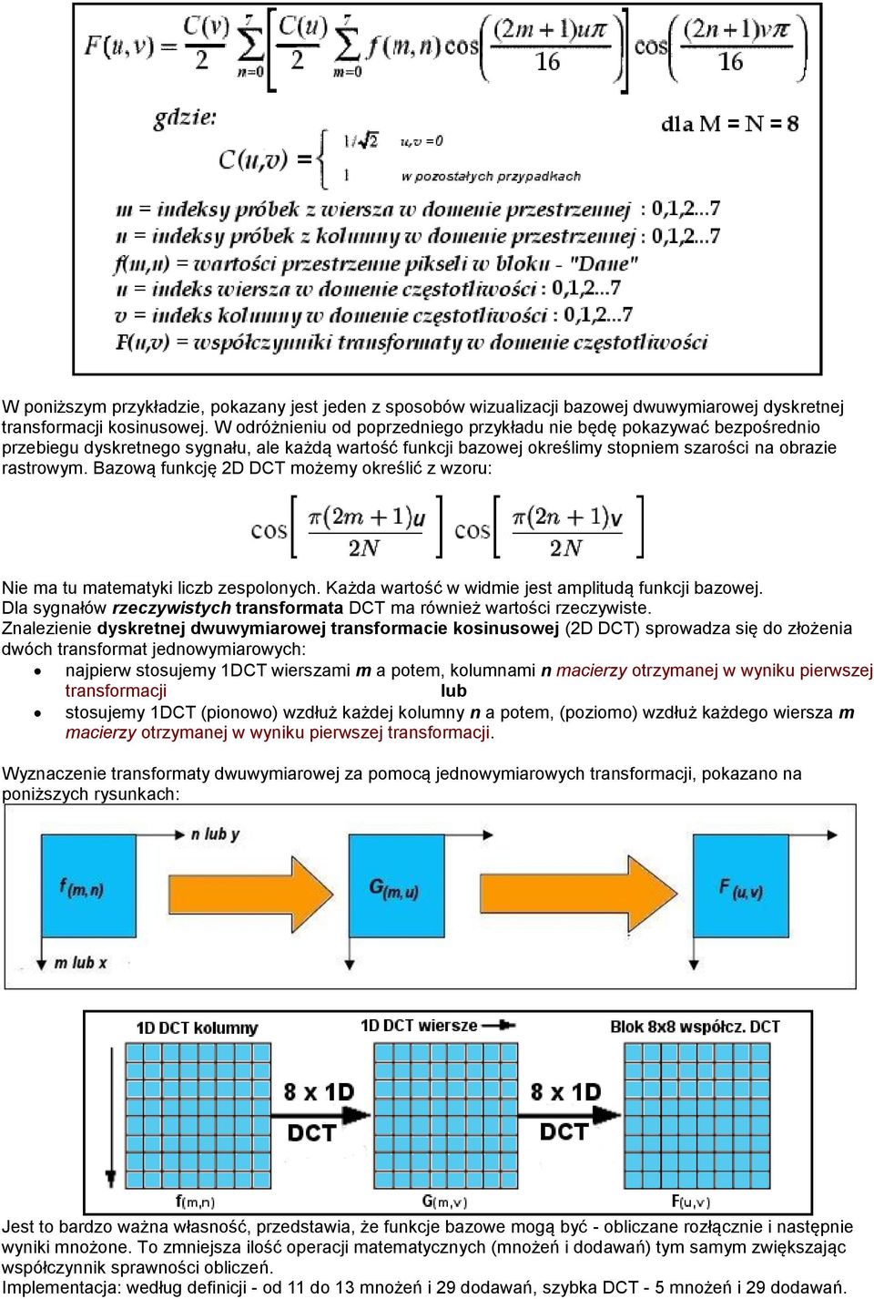 Bazową funkcję 2D DCT możemy określić z wzoru: Nie ma tu matematyki liczb zespolonych. Każda wartość w widmie jest amplitudą funkcji bazowej.