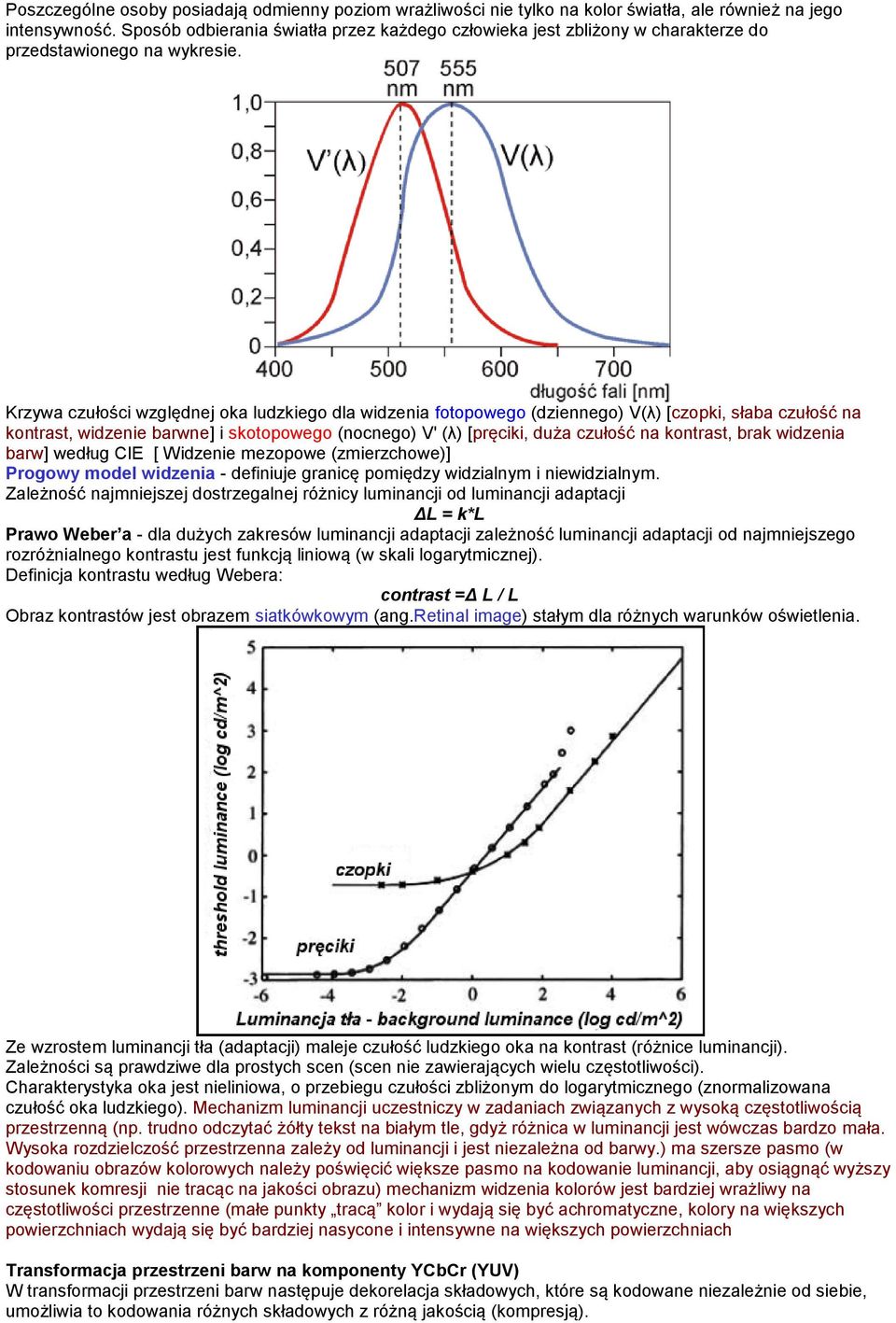Krzywa czułości względnej oka ludzkiego dla widzenia fotopowego (dziennego) V(λ) [czopki, słaba czułość na kontrast, widzenie barwne] i skotopowego (nocnego) V' (λ) [pręciki, duża czułość na