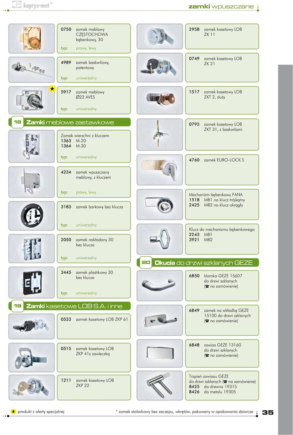 EURO-LOCK S 4234 zamek wpuszczany meblowy, z kluczem prawy, lewy 3183 zamek barkowy bez klucza Mechanizm bębenkowy FANA 1518 MB1 na klucz trójkątny 2425 MB2 na klucz okrągły uniwersalny 2050 zamek