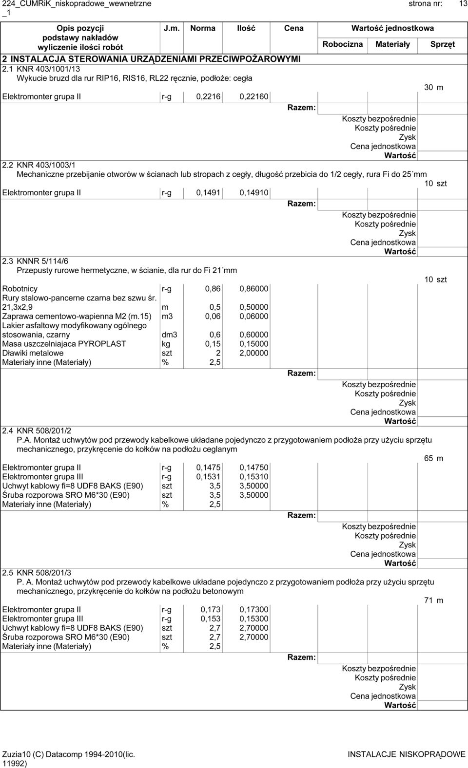 2 KNR 403/1003/1 Mechaniczne przebijanie otworów w ścianach lub stropach z cegły, długość przebicia do 1/2 cegły, rura Fi do 25 mm 10 szt Elektromonter grupa II r-g 0,1491 0,14910 2.