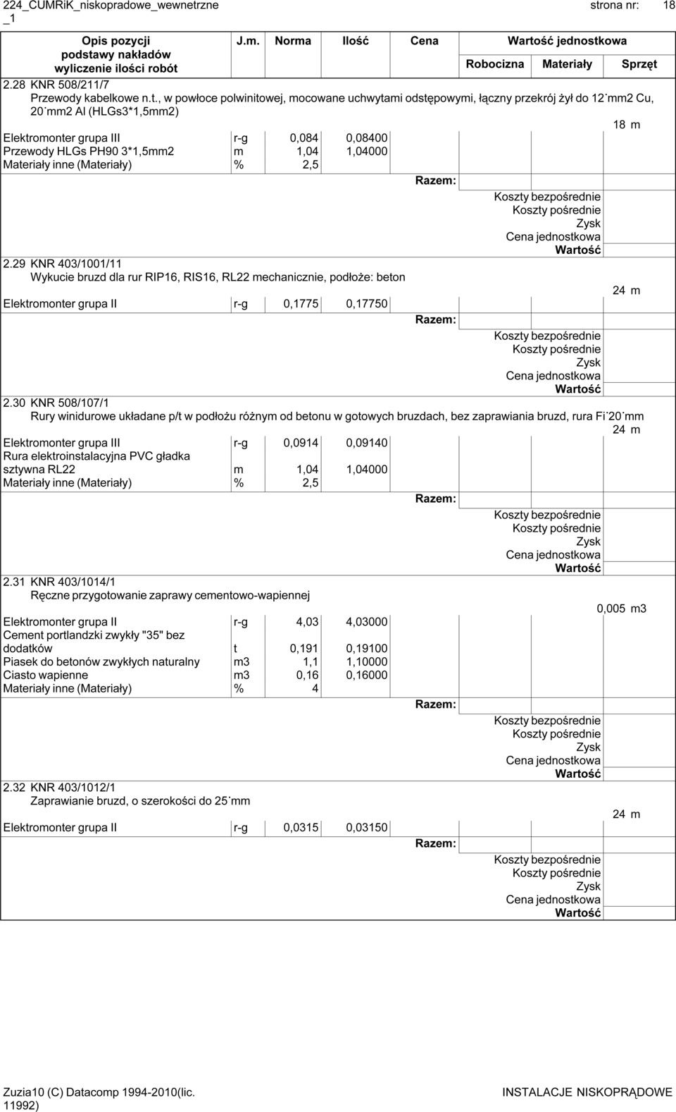 29 KNR 403/1001/11 Wykucie bruzd dla rur RIP16, RIS16, RL22 mechanicznie, podłoże: beton 24 m Elektromonter grupa II r-g 0,1775 0,17750 2.