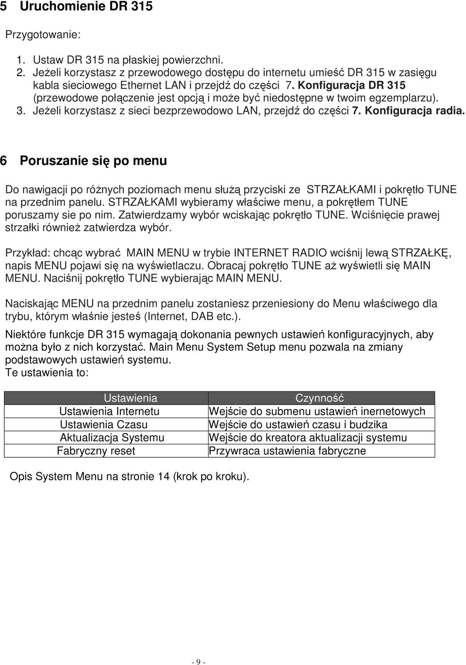 Konfiguracja DR 315 (przewodowe połączenie jest opcją i może być niedostępne w twoim egzemplarzu). 3. Jeżeli korzystasz z sieci bezprzewodowo LAN, przejdź do części 7. Konfiguracja radia.