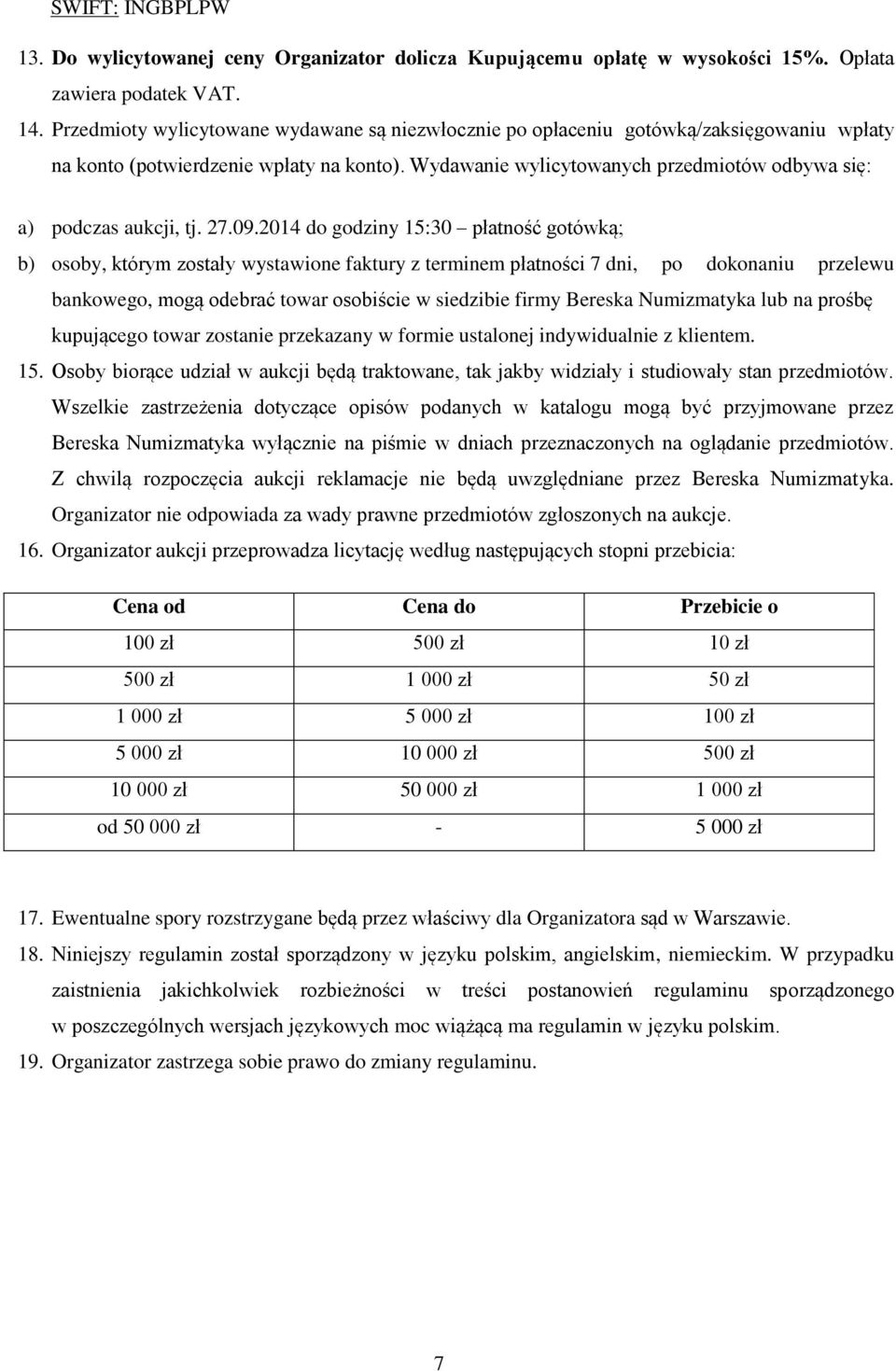 Wydawanie wylicytowanych przedmiotów odbywa się: a) podczas aukcji, tj. 27.09.