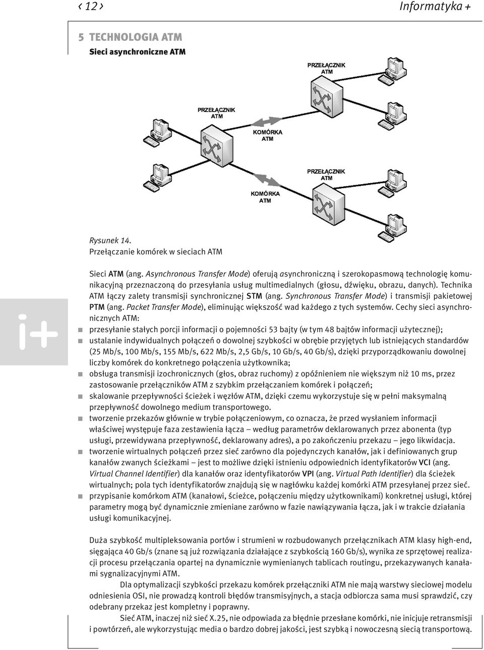 Technika ATM łączy zalety transmisji synchronicznej STM (ang. Synchronous Transfer Mode) i transmisji pakietowej PTM (ang. Packet Transfer Mode), eliminując większość wad każdego z tych systemów.