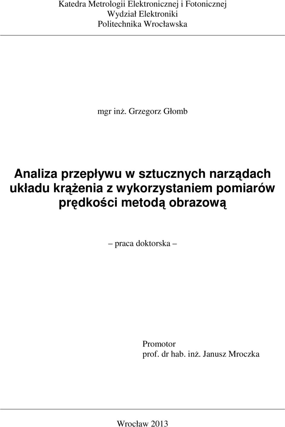 Grzegorz Głomb Analiza przepływu w sztucznych narządach układu krążenia z