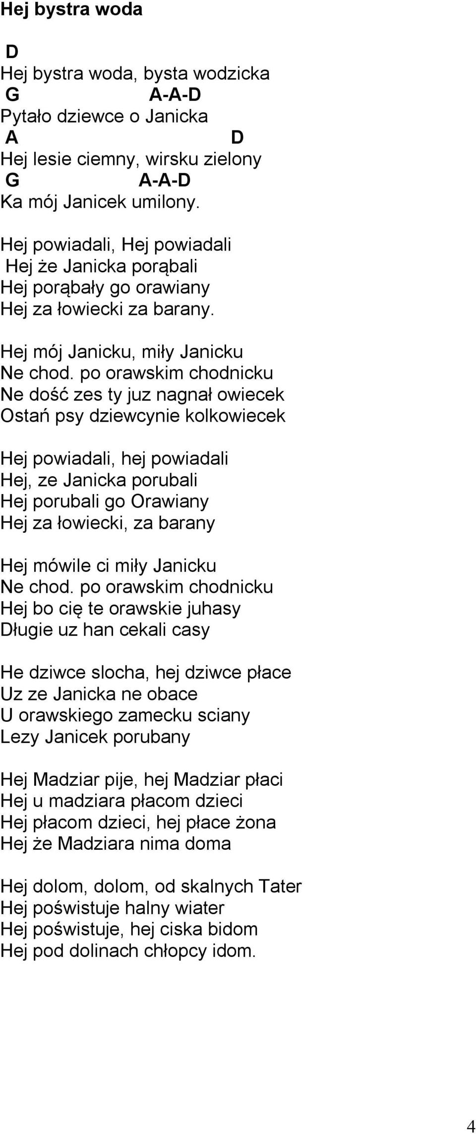 po orawskim chodnicku Ne dość zes ty juz nagnał owiecek Ostań psy dziewcynie kolkowiecek Hej powiadali, hej powiadali Hej, ze Janicka porubali Hej porubali go Orawiany Hej za łowiecki, za barany Hej