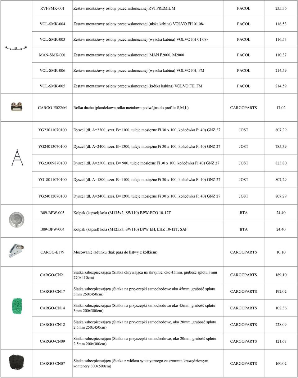08- PACOL 116,53 MAN-SMK-001 Zestaw montażowy osłony przeciwsłonecznej MAN F2000, M2000 PACOL 110,37 VOL-SMK-006 Zestaw montażowy osłony przeciwsłonecznej (wysoka kabina) VOLVO FH, FM PACOL 214,59