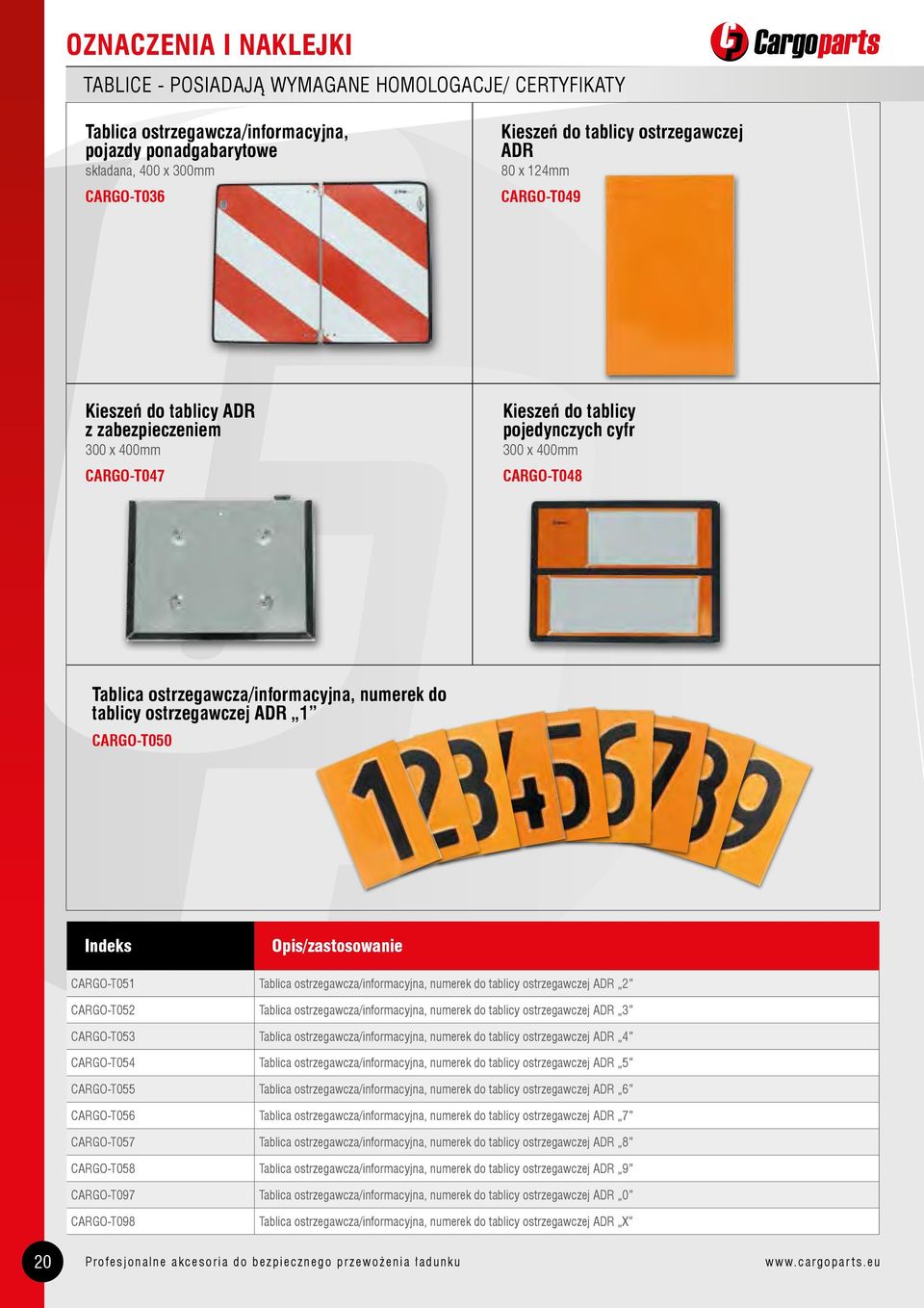 numerek do tablicy ostrzegawczej ADR 1 CARGO-T050 Indeks Opis/zastosowanie CARGO-T051 Tablica ostrzegawcza/informacyjna, numerek do tablicy ostrzegawczej ADR 2 CARGO-T052 Tablica