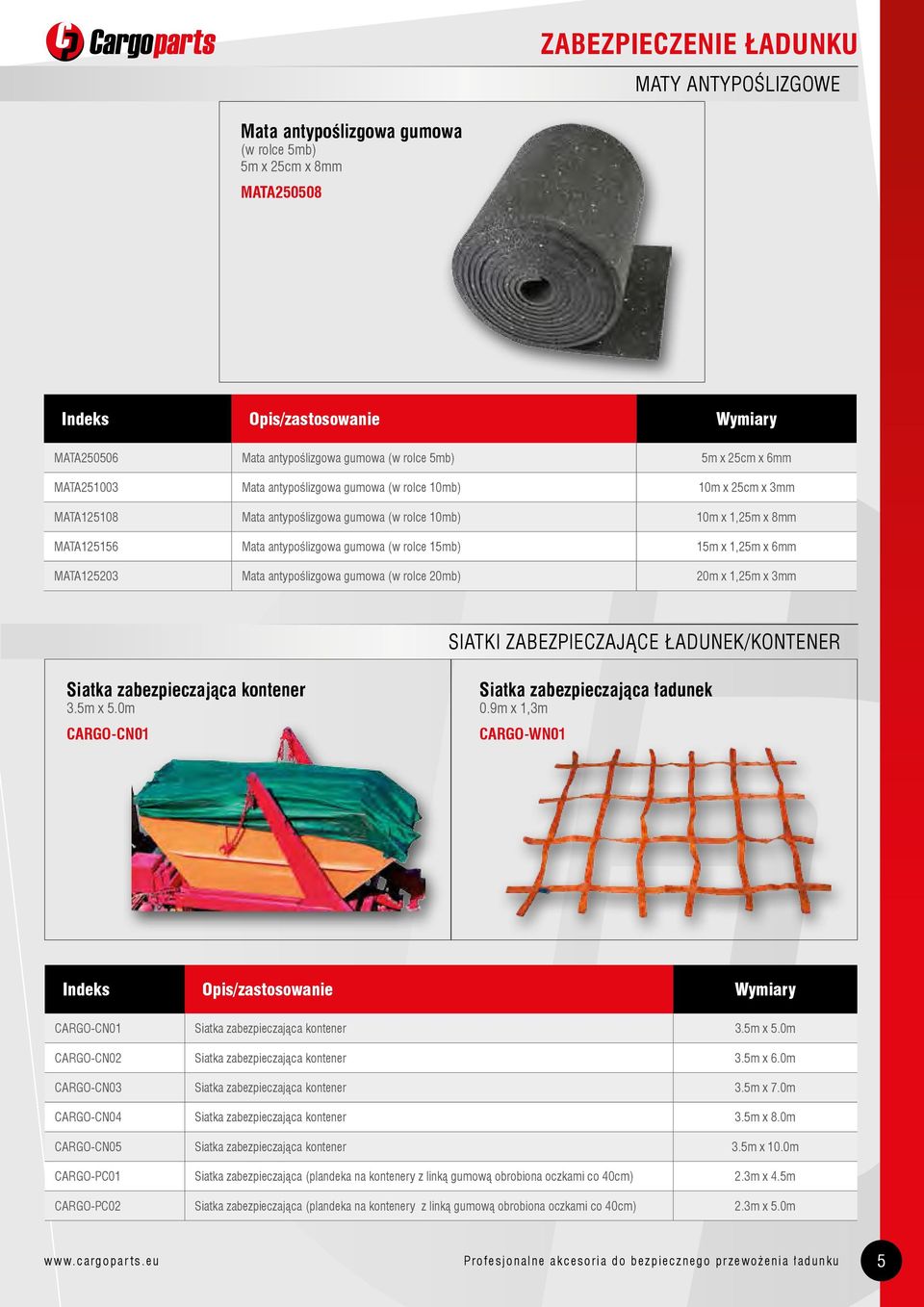 rolce 15mb) 15m x 1,25m x 6mm MATA125203 Mata antypoślizgowa gumowa (w rolce 20mb) 20m x 1,25m x 3mm SIATKI ZABEZPIECZAJĄCE ŁADUNEK/KONTENER Siatka zabezpieczająca kontener 3.5m x 5.