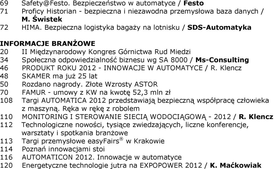 PRODUKT ROKU 2012 - INNOWACJE W AUTOMATYCE / R. Klencz 48 SKAMER ma już 25 lat 50 Rozdano nagrody.