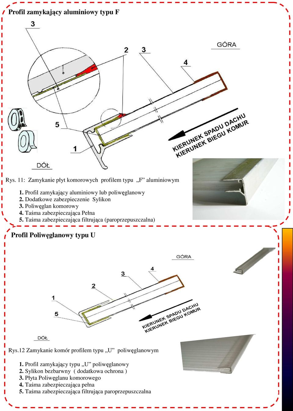 Taśma zabezpieczająca filtrująca (paroprzepuszczalna) Profil Poliwęglanowy typu U Rys.12 Zamykanie komór profilem typu U poliwęglanowym 1.