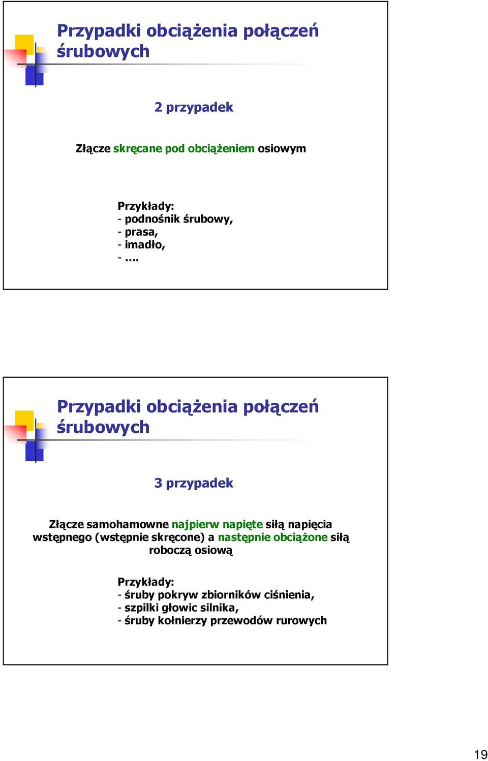 Przypadki obciąŝenia połączeń śrubowych przypadek Złącze amohamowne najpierw napięte iłą napięcia