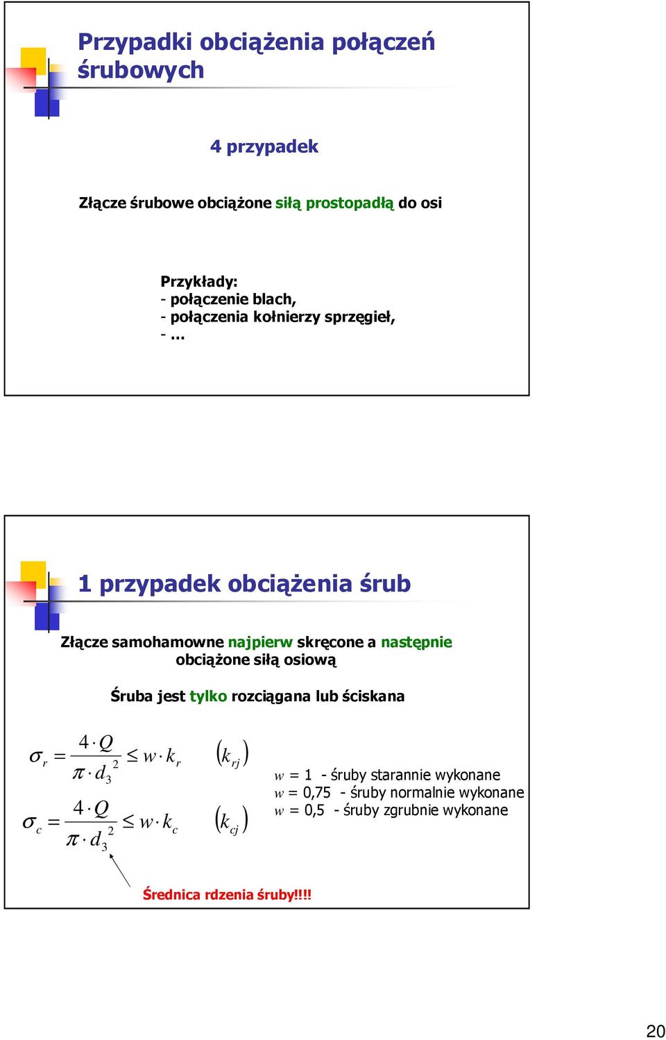 natępnie obciąŝone iłą oiową Śruba jet tylko rozciągana lub ścikana σ σ r 4 Q π d 4 Q c π d w k w k c r ( k ) rj ( k )