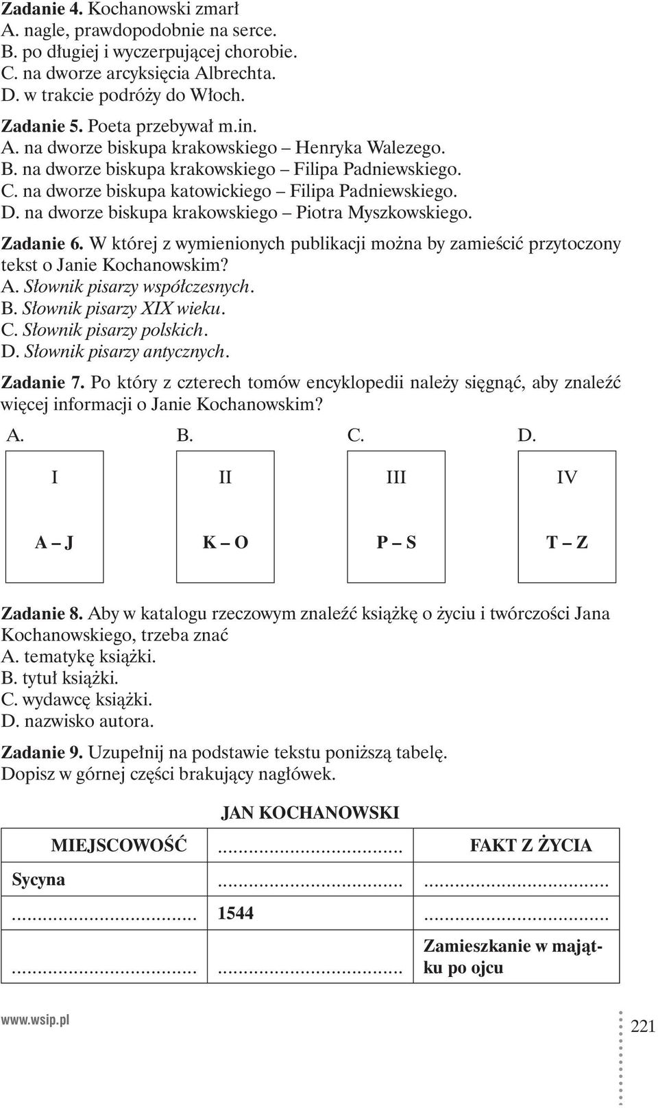 na dworze biskupa krakowskiego Piotra Myszkowskiego. Zadanie 6. W której z wymienionych publikacji można by zamieścić przytoczony tekst o Janie Kochanowskim? A. Słownik pisarzy współczesnych. B.