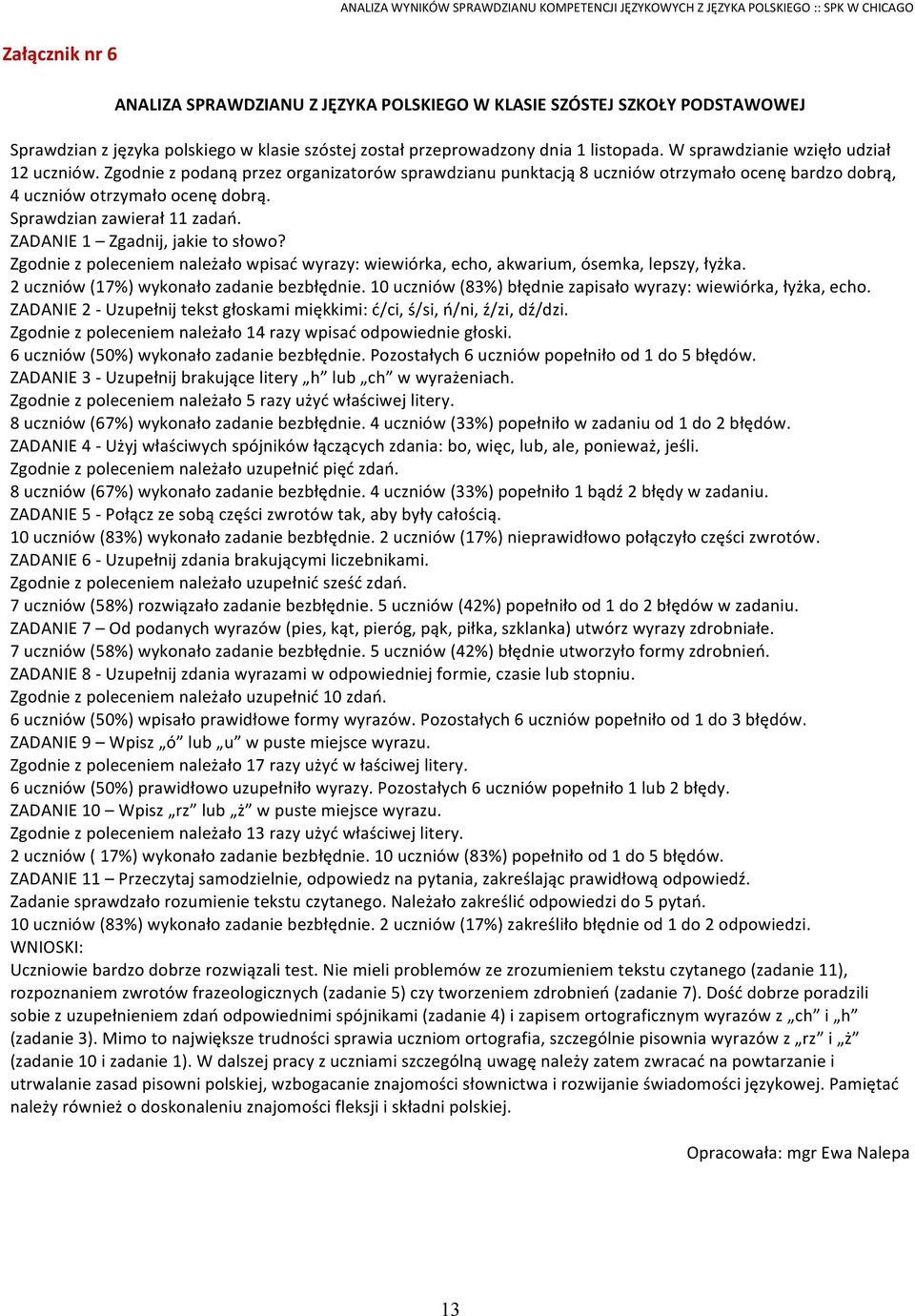 Sprawdzian zawierał 11 zadań. ZADANIE 1 Zgadnij, jakie to słowo? Zgodnie z poleceniem należało wpisać wyrazy: wiewiórka, echo, akwarium, ósemka, lepszy, łyżka.