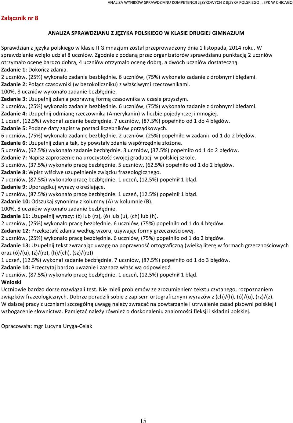 Zadanie 1: Dokończ zdania. 2 uczniów, (25%) wykonało zadanie bezbłędnie. 6 uczniów, (75%) wykonało zadanie z drobnymi błędami.